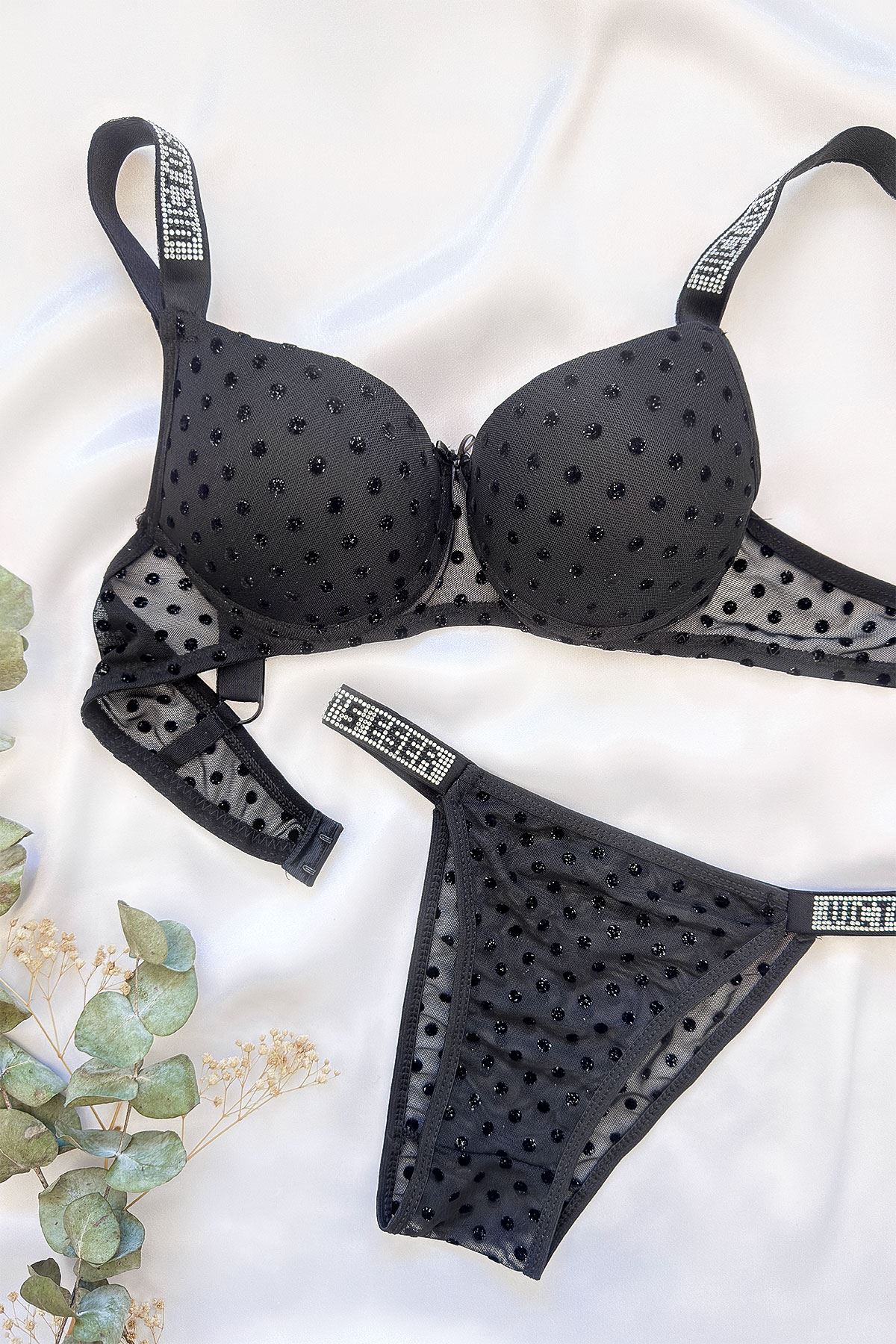 Puantiyeli Taş Askılı Destekli Sütyen Takım Siyah
