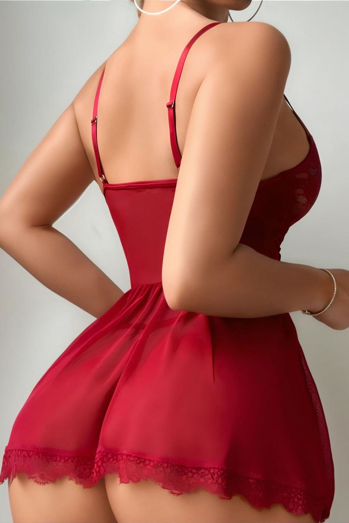 Dantel Detaylı Mini Gecelik Bordo