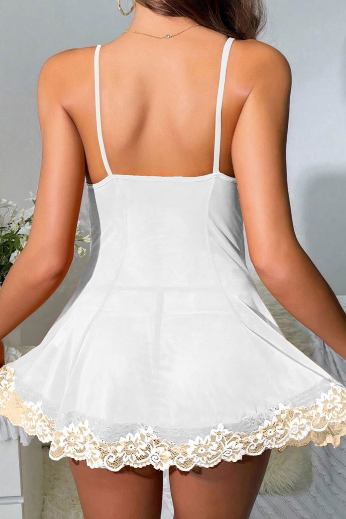 Dantelli Seksi Tül Gecelik Ekru