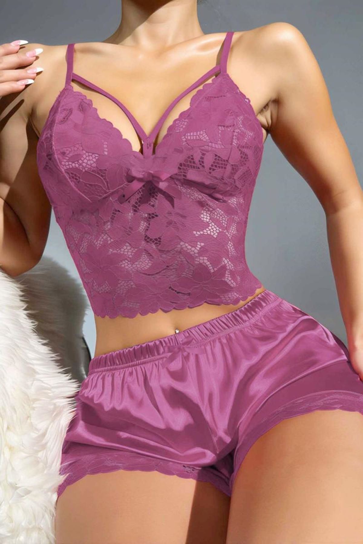 Dantelli Saten Şortlu Büstiyer Takım Mor