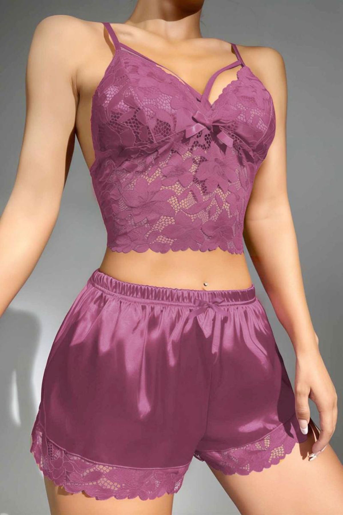 Dantelli Saten Şortlu Büstiyer Takım Mor