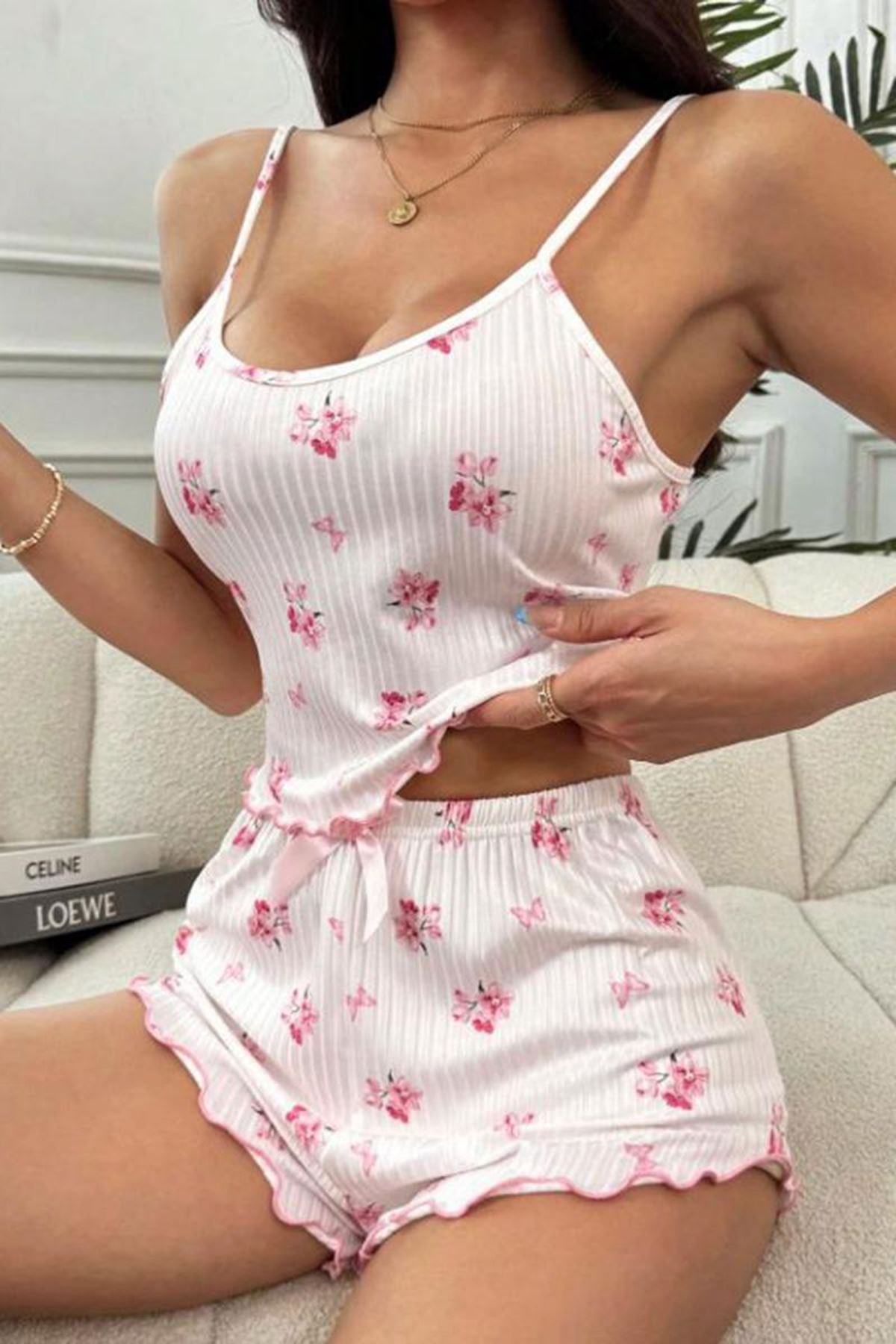 İp Askılı Desenli Kadın Şortlu Takım Ekru