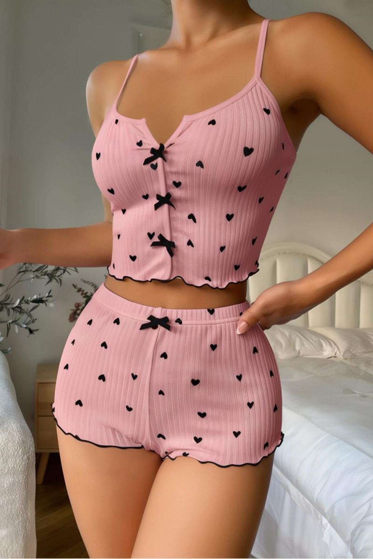 İp Askılı Desenli Kadın Şortlu Takım Pembe