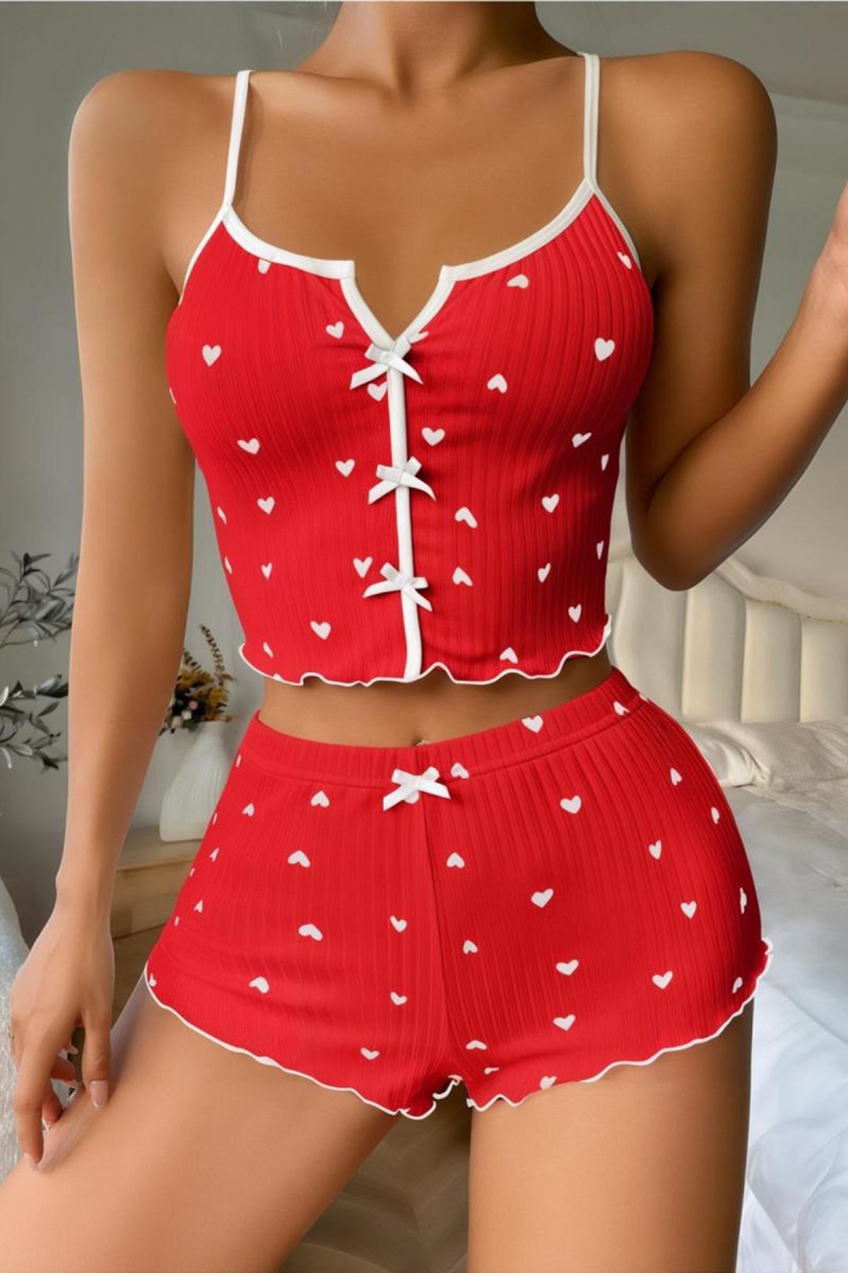 İp Askılı Desenli Kadın Şortlu Takım Kırmızı