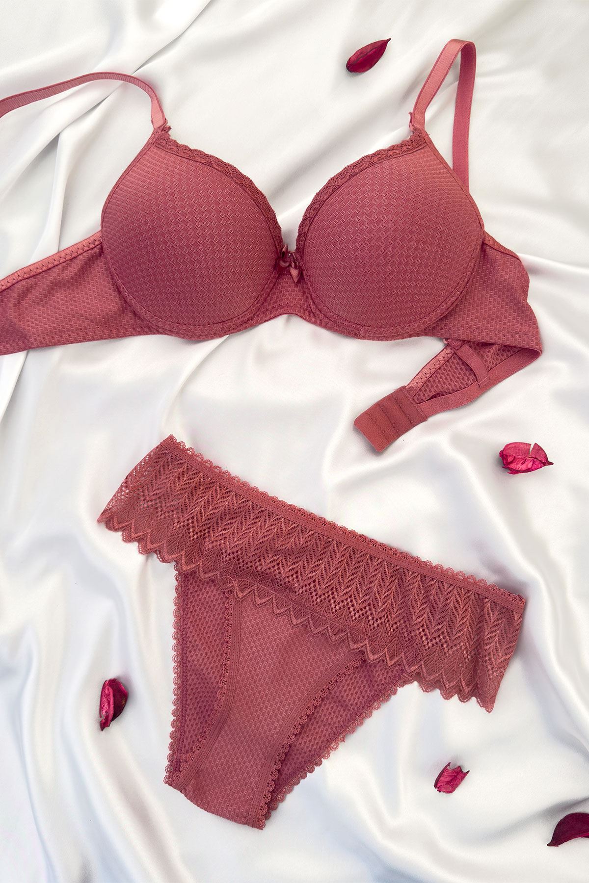 Destekli Jakarlı Sütyen Takım Gül Kurusu