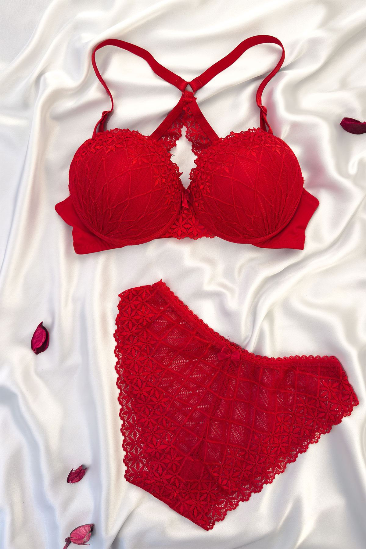 Destekli Sırtı Çapraz Askılı Sütyen Takım Kırmızı