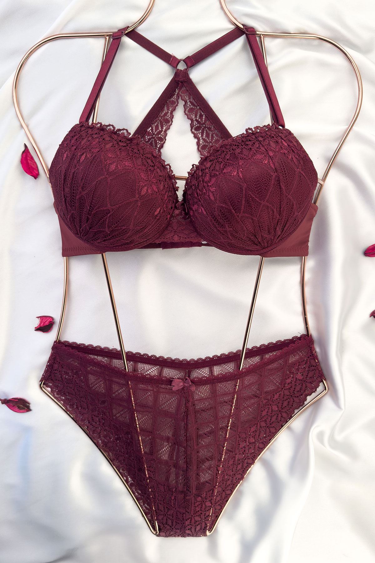 Destekli Sırtı Çapraz Askılı Sütyen Takım Bordo