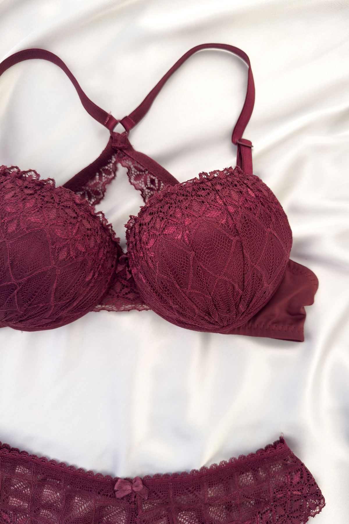 Destekli Sırtı Çapraz Askılı Sütyen Takım Bordo