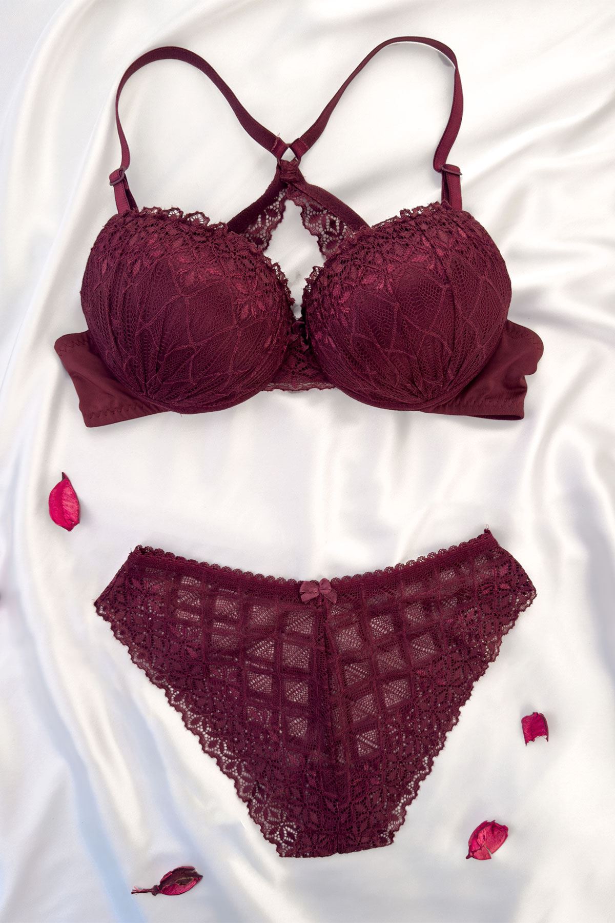 Destekli Sırtı Çapraz Askılı Sütyen Takım Bordo