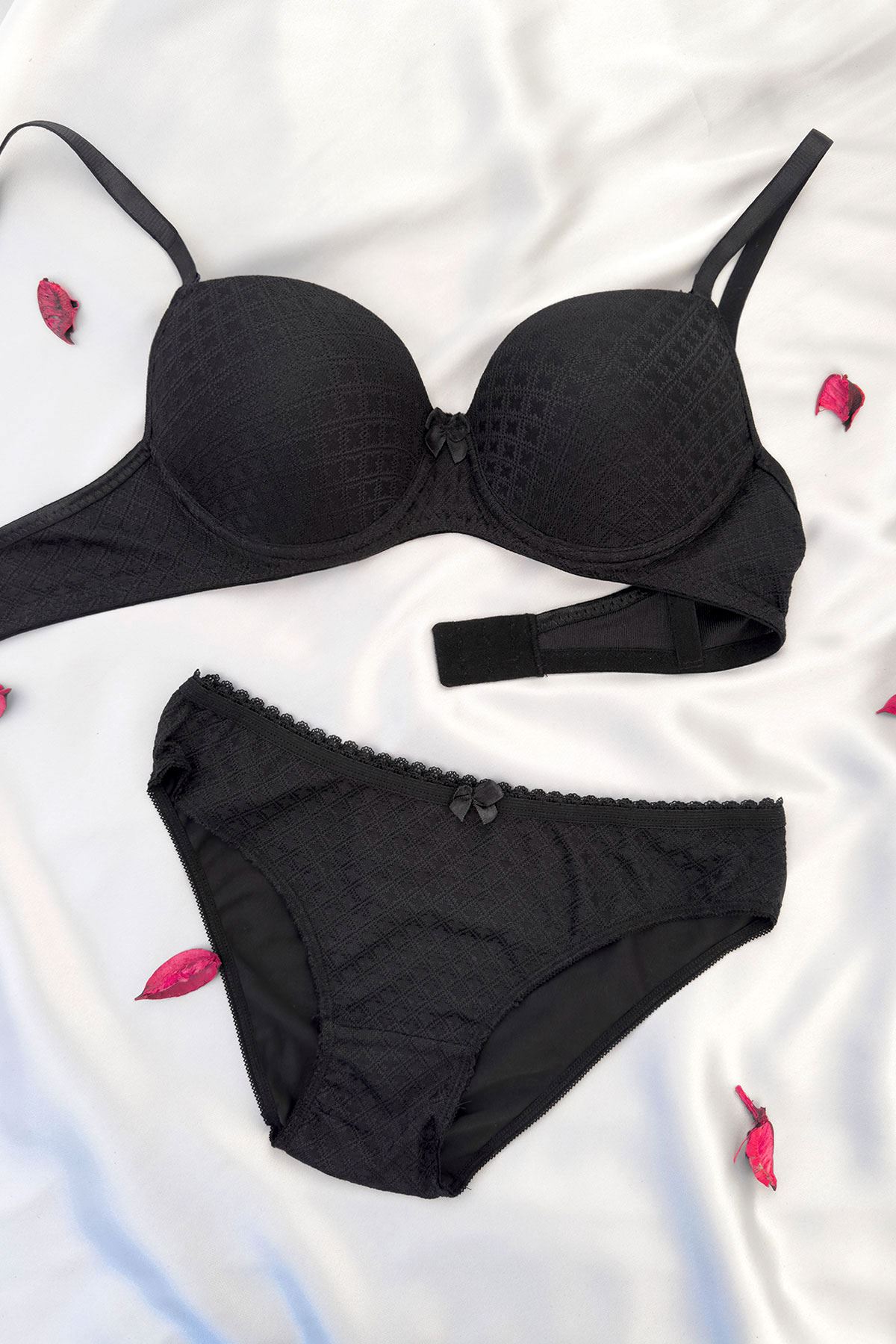 Desteksiz Jakar Desenli Sütyen Takım Siyah