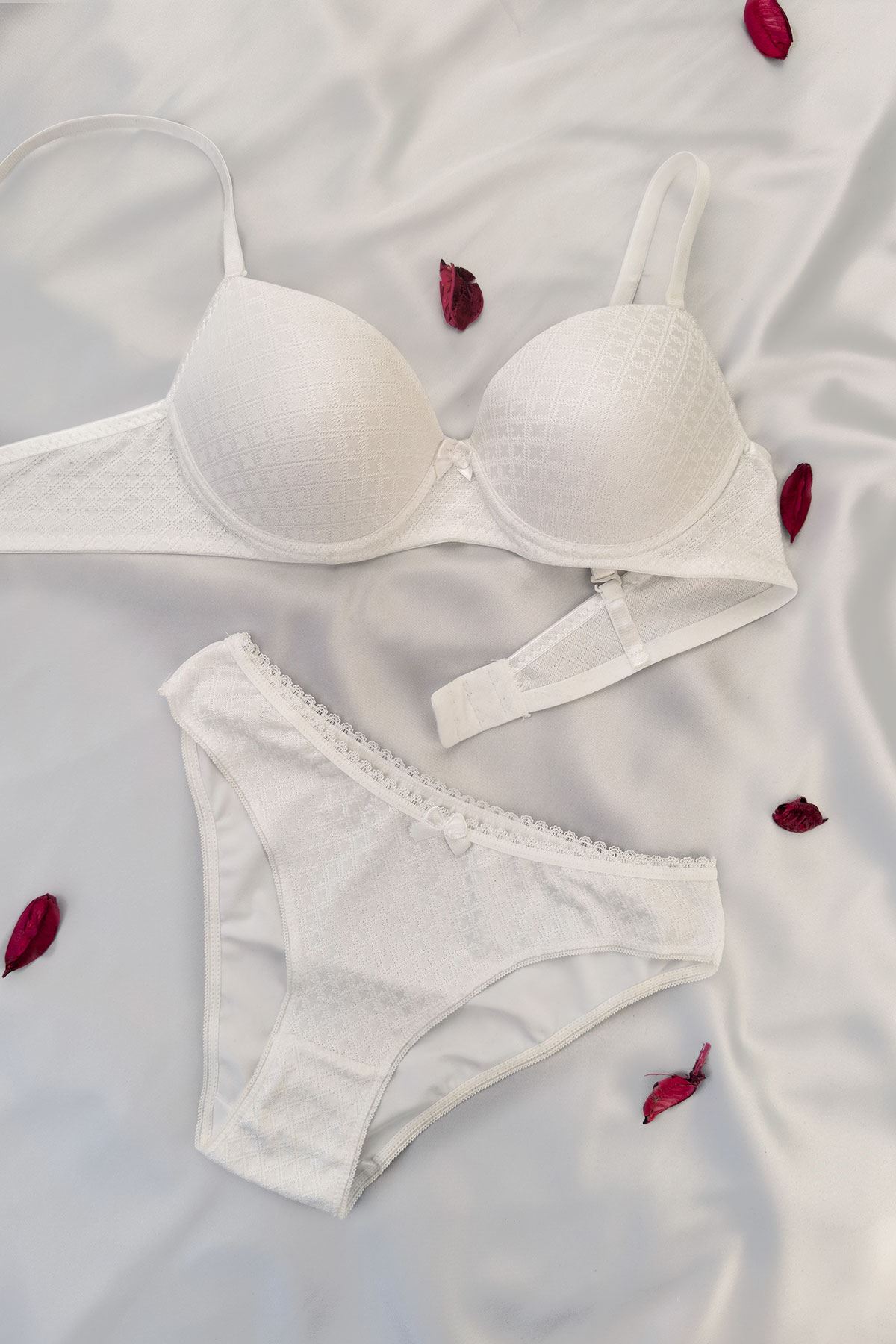 Desteksiz Jakar Desenli Sütyen Takım Ekru