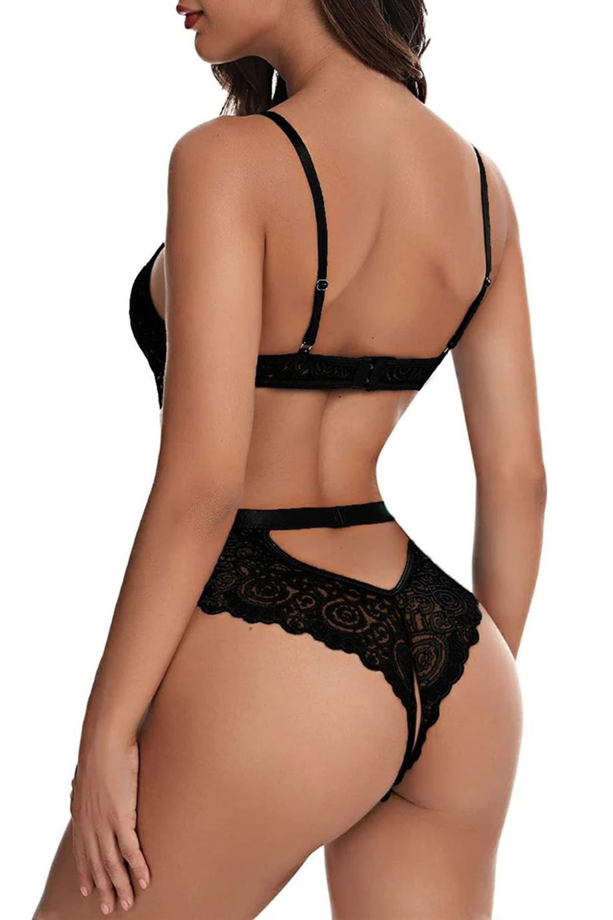 Dantelli Özel Bölgesi Açık Babydoll Siyah