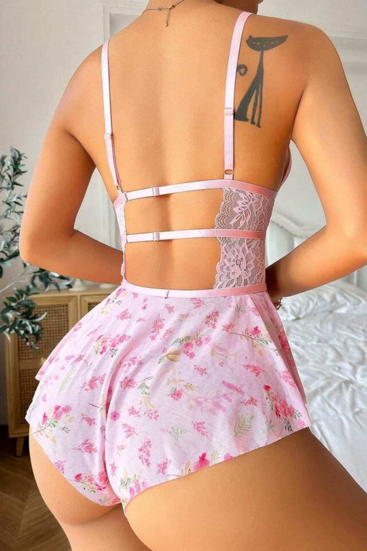 Askılı Sırt Detaylı Teddy Gecelik Pembe