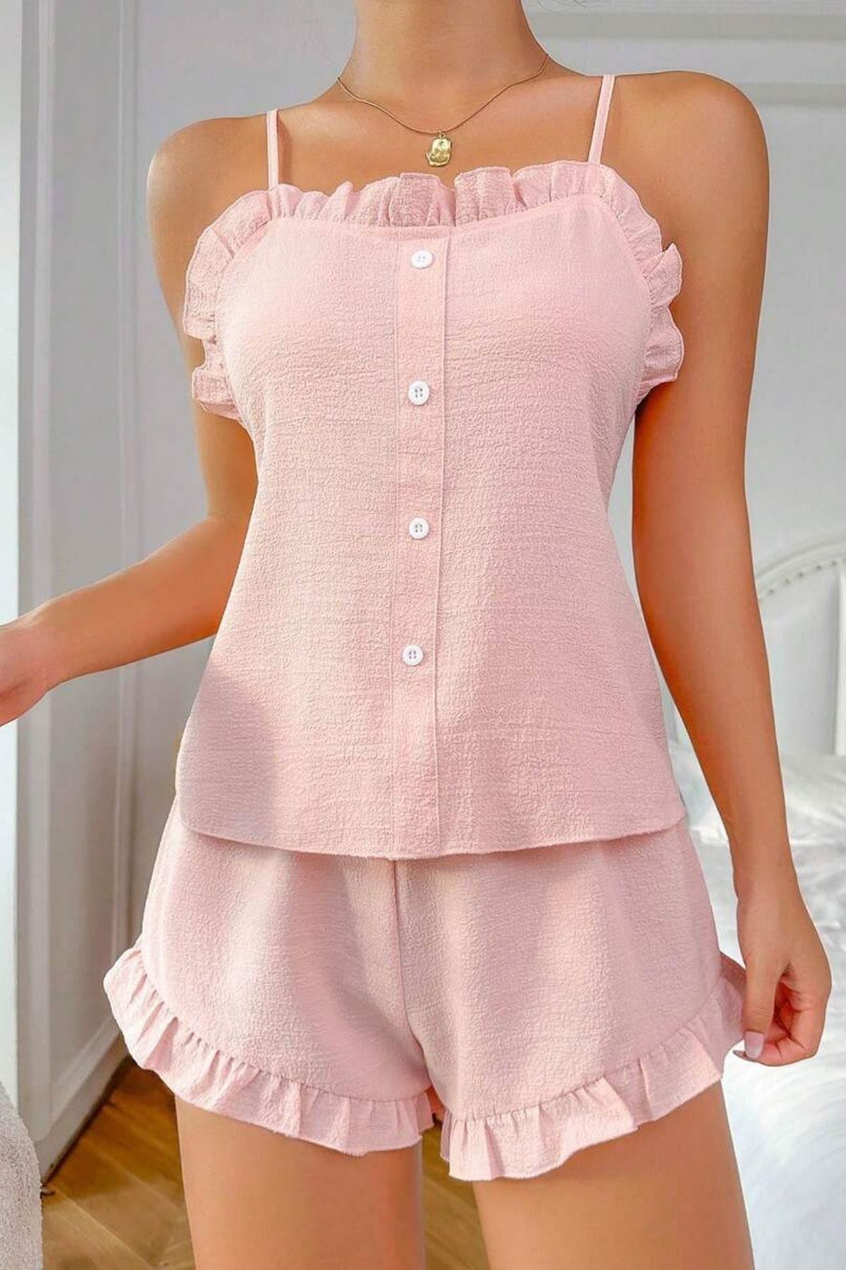 Süs Düğmeli Fırfırlı Şortlu Pijama Takım Pembe