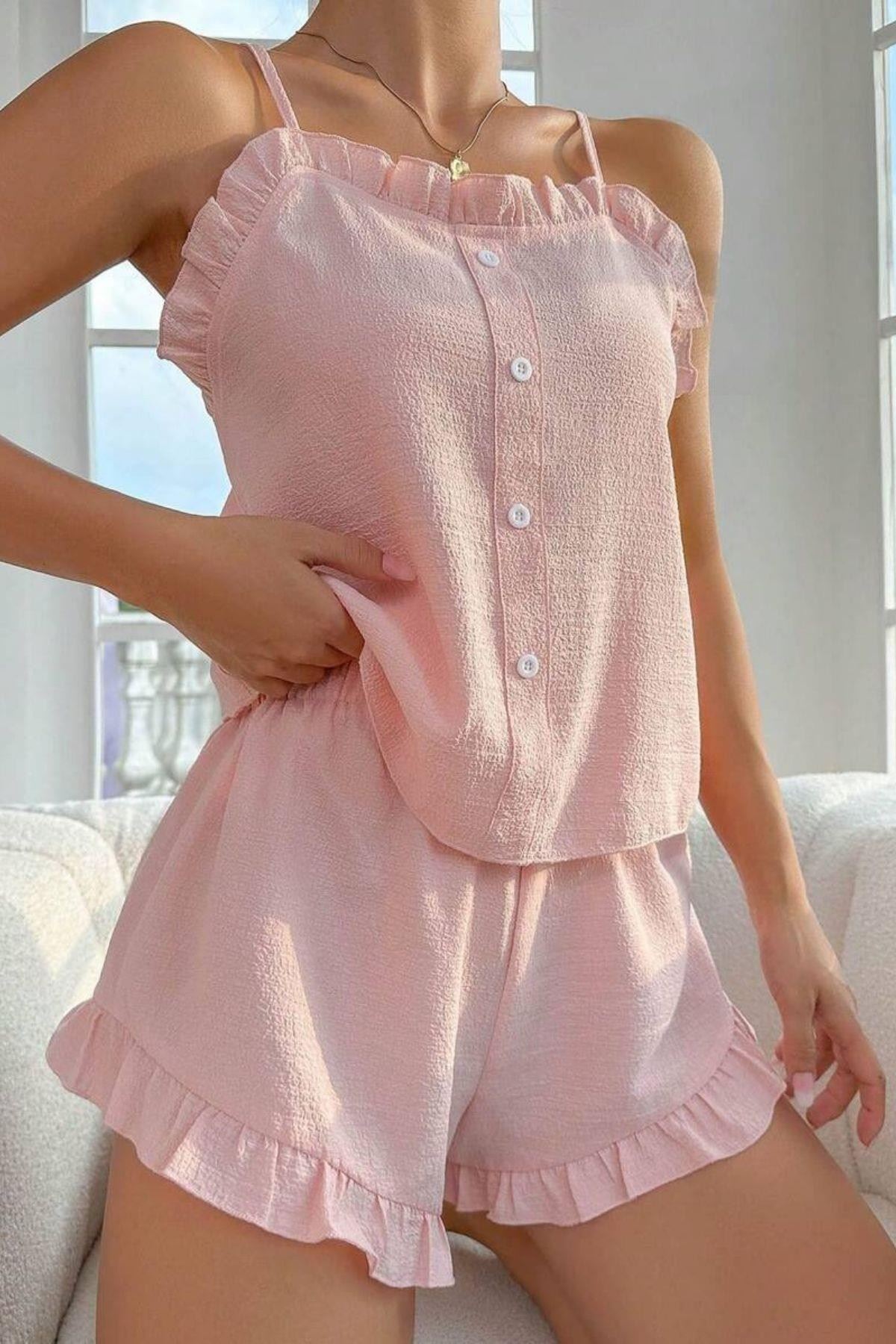 Süs Düğmeli Fırfırlı Şortlu Pijama Takım Pembe