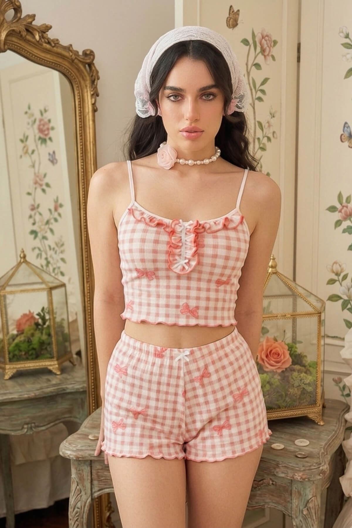 Ekose Fiyonk Desenli Crop Şort Takım Pembe
