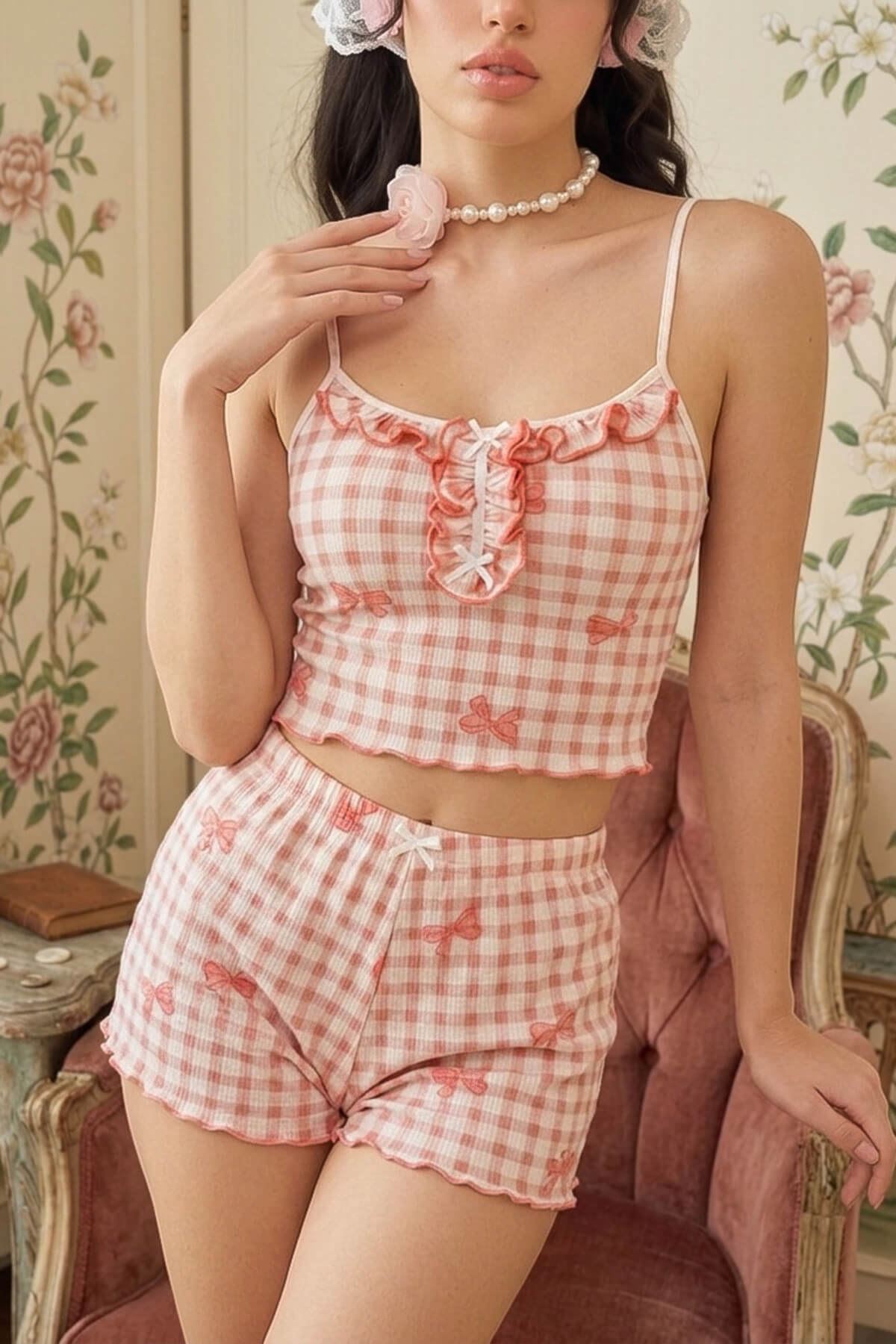 Ekose Fiyonk Desenli Crop Şort Takım Pembe