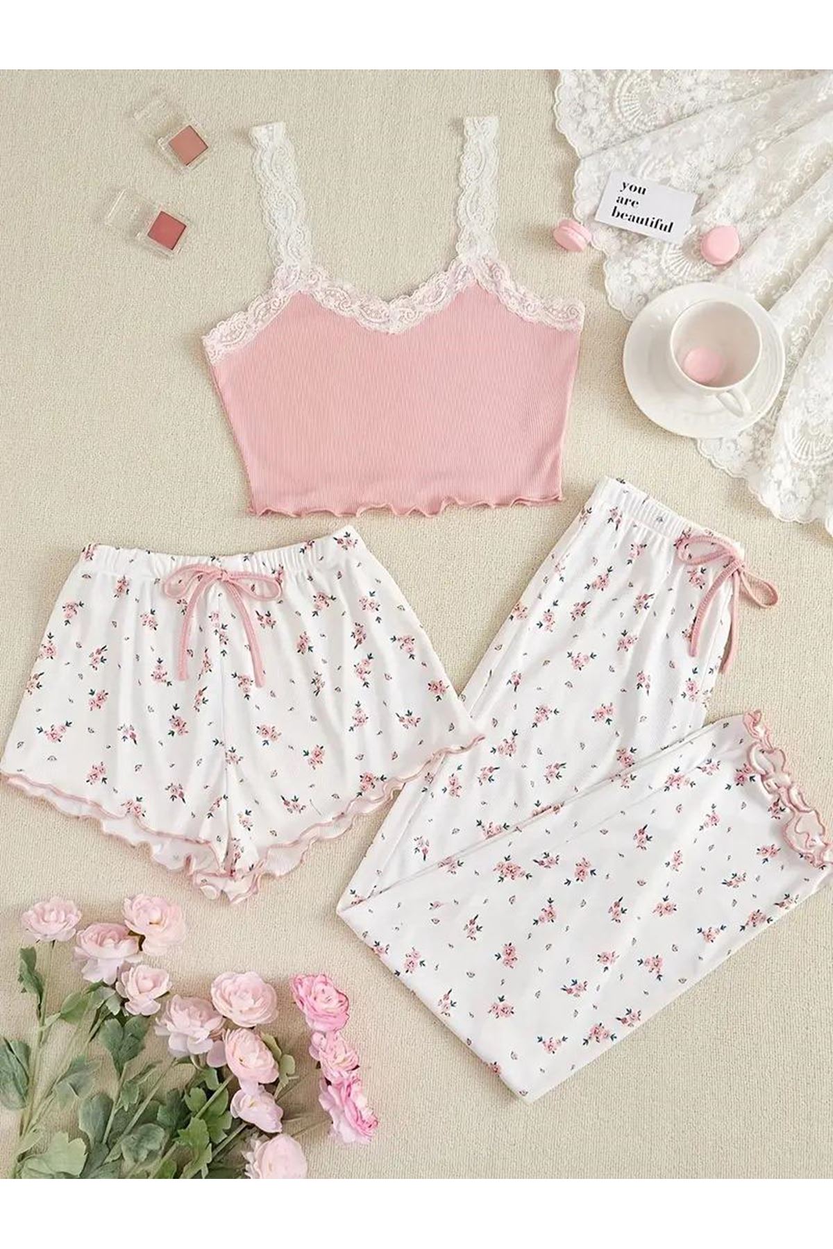 Çiçek Desenli 3'lü Pijama Takımı Pembe