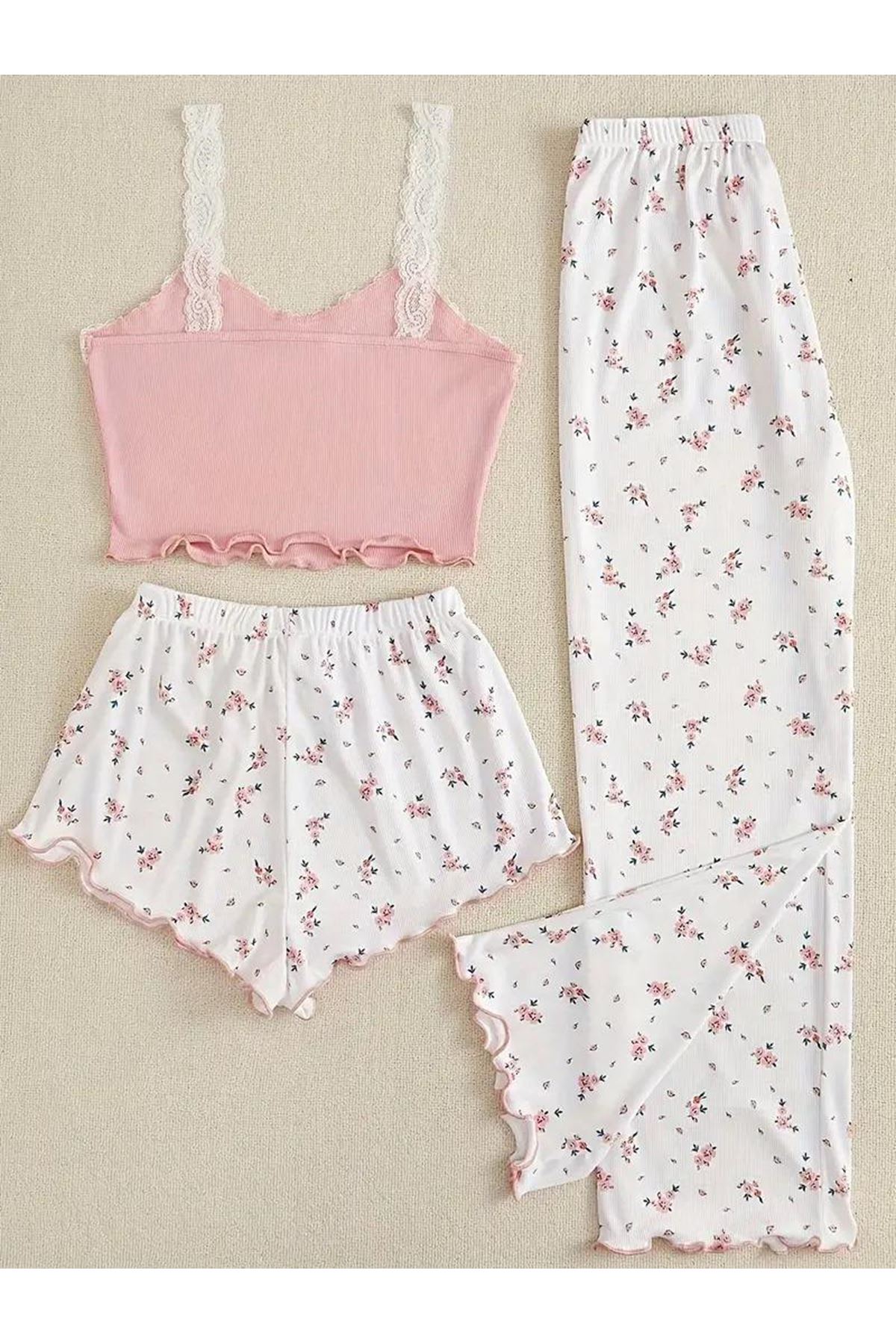 Çiçek Desenli 3'lü Pijama Takımı Pembe