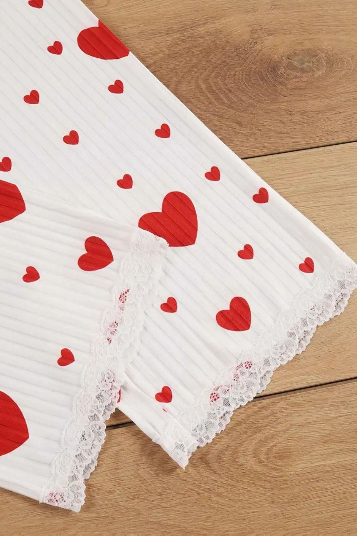 Kalp Desenli 3'lü Pijama Takımı Beyaz