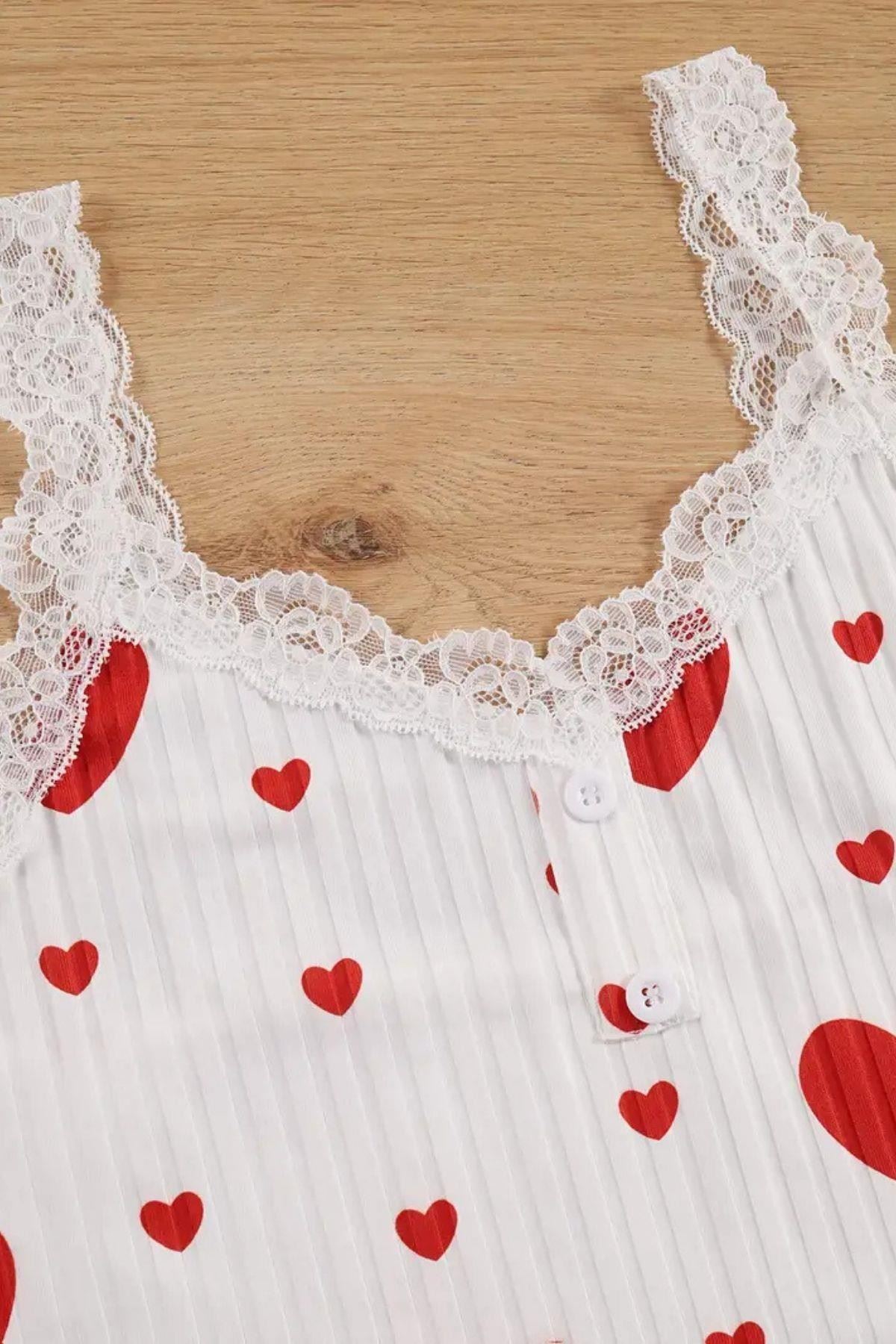 Kalp Desenli 3'lü Pijama Takımı Beyaz
