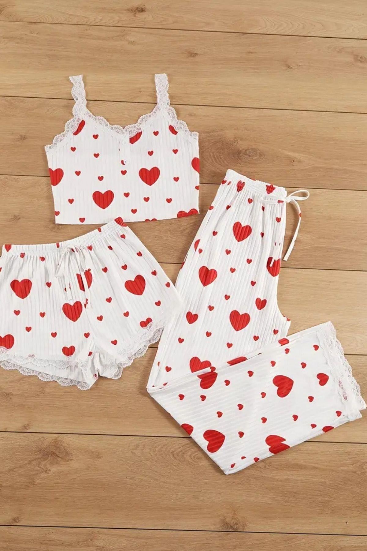 Kalp Desenli 3'lü Pijama Takımı Beyaz