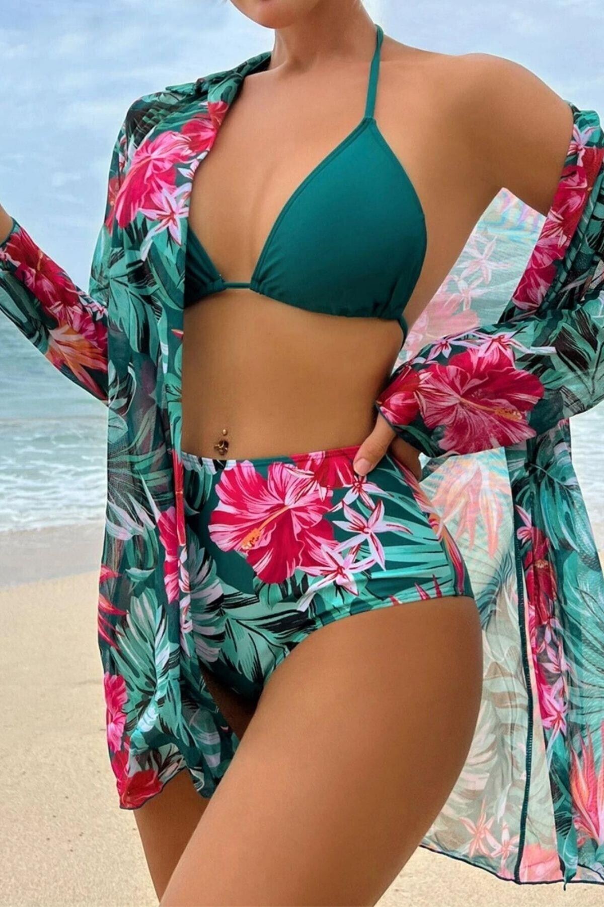 Yüksek Bel Bikini Pareo Takım