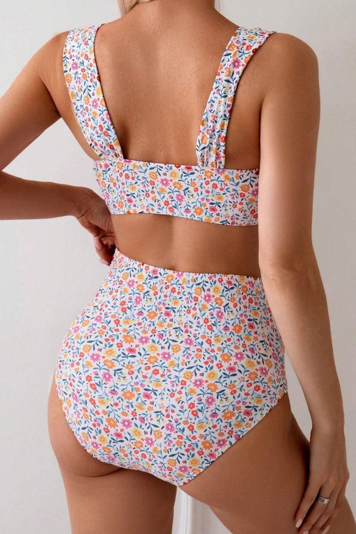Çiçek Desenli Kaplı Yüksek Bel Bikini Takımı