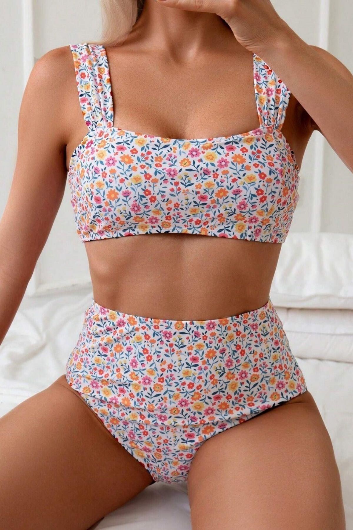 Çiçek Desenli Kaplı Yüksek Bel Bikini Takımı