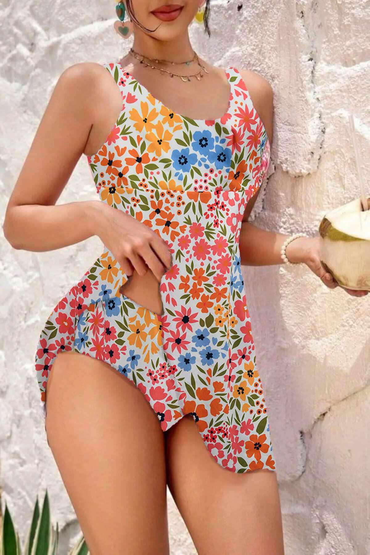 Çiçek Desenli Kaplı Astarlı Mayo Slip Takım