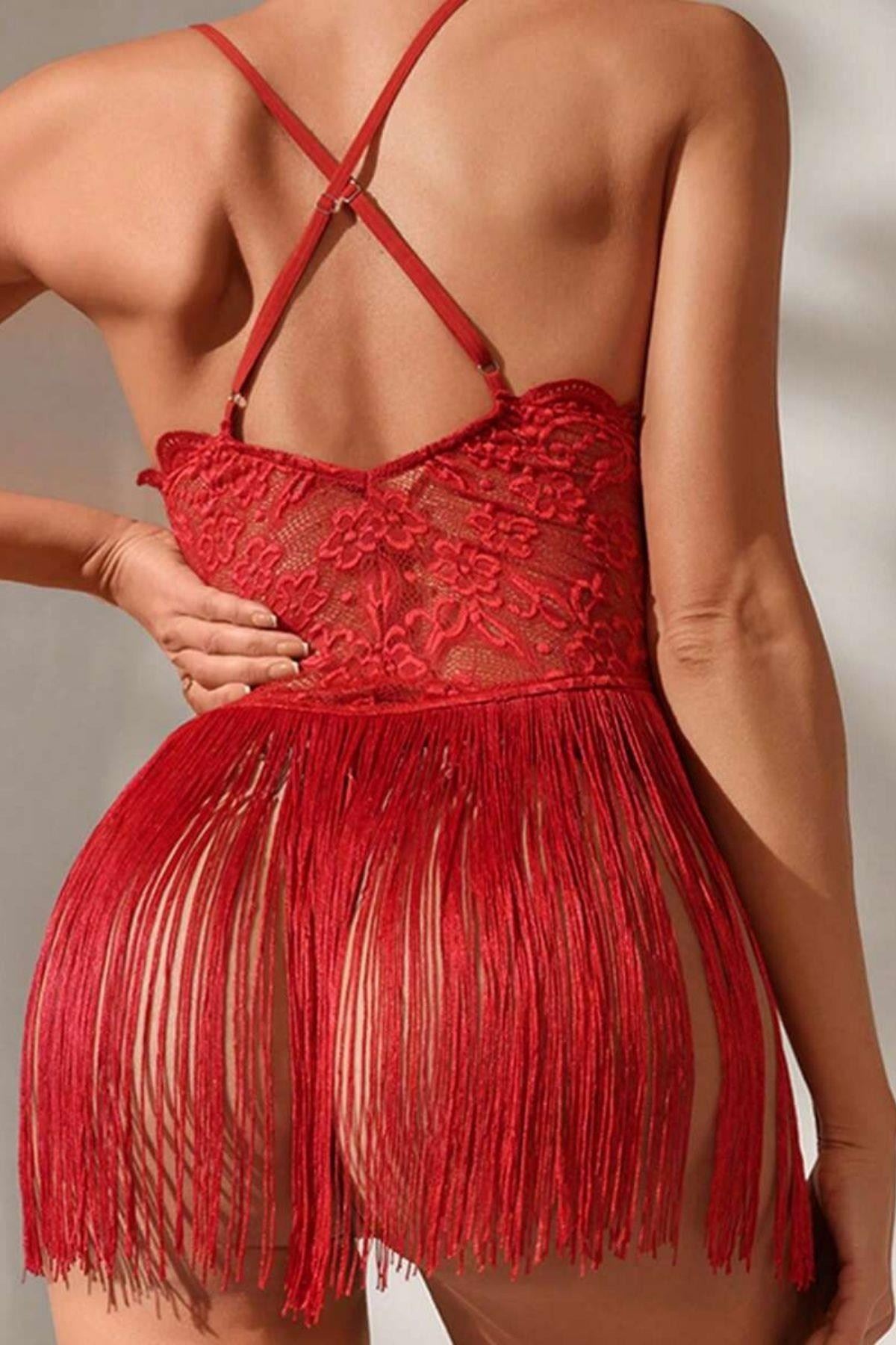 Dantelli Püsküllü Babydoll Gecelik Kırmızı