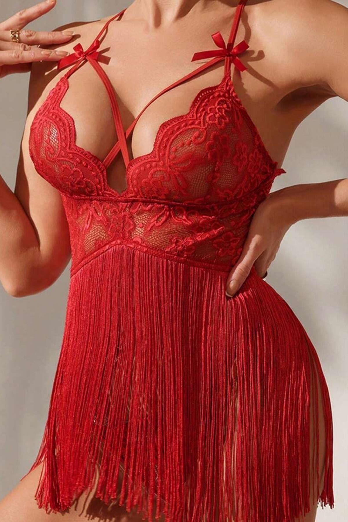Dantelli Püsküllü Babydoll Gecelik Kırmızı