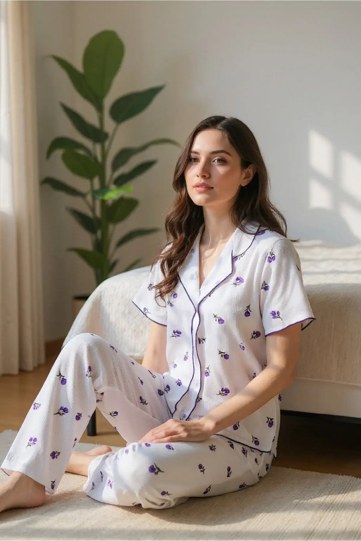 Lale Desenli Kadın Pijama Takımı Beyaz