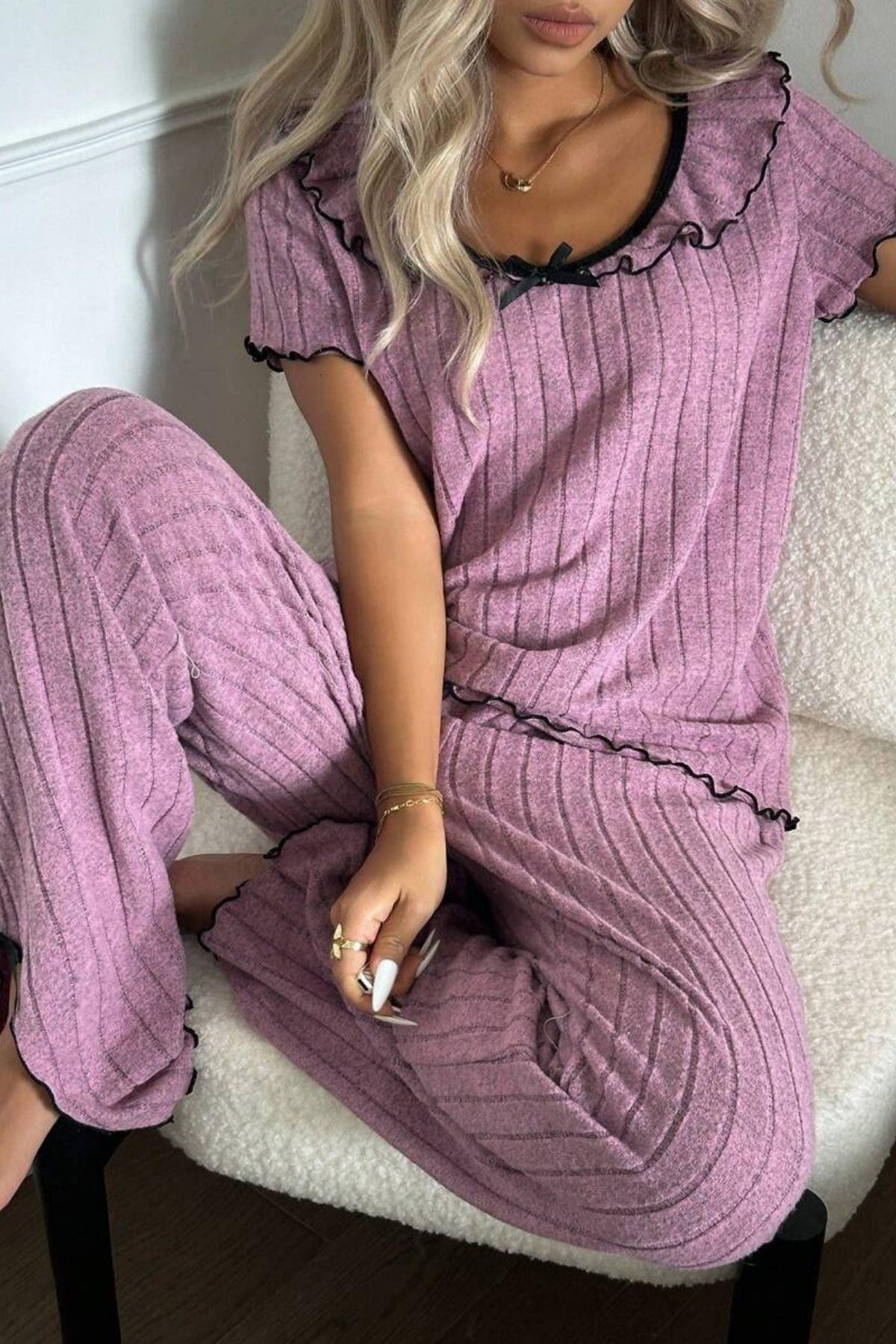 Volanlı Kenar Kadın Pijama Takımı Gül Kurusu