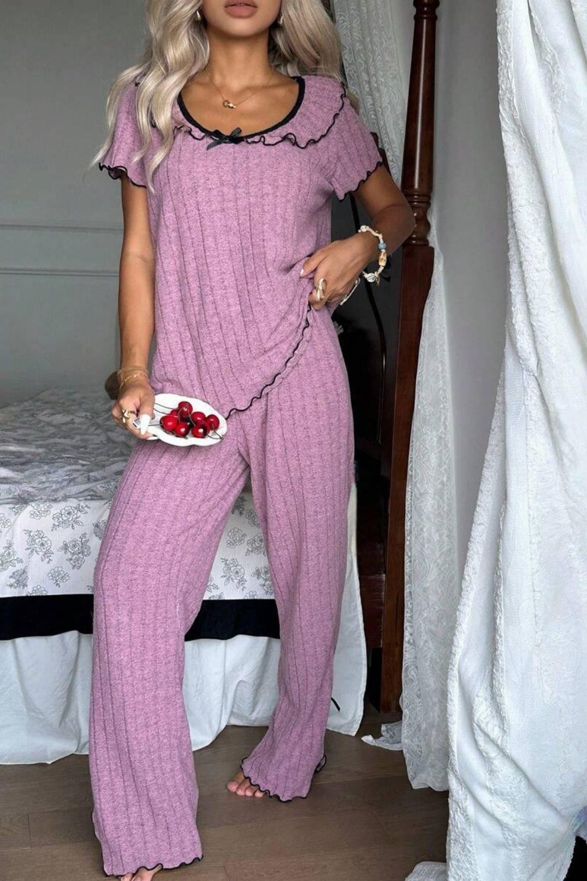 Volanlı Kenar Kadın Pijama Takımı Gül Kurusu