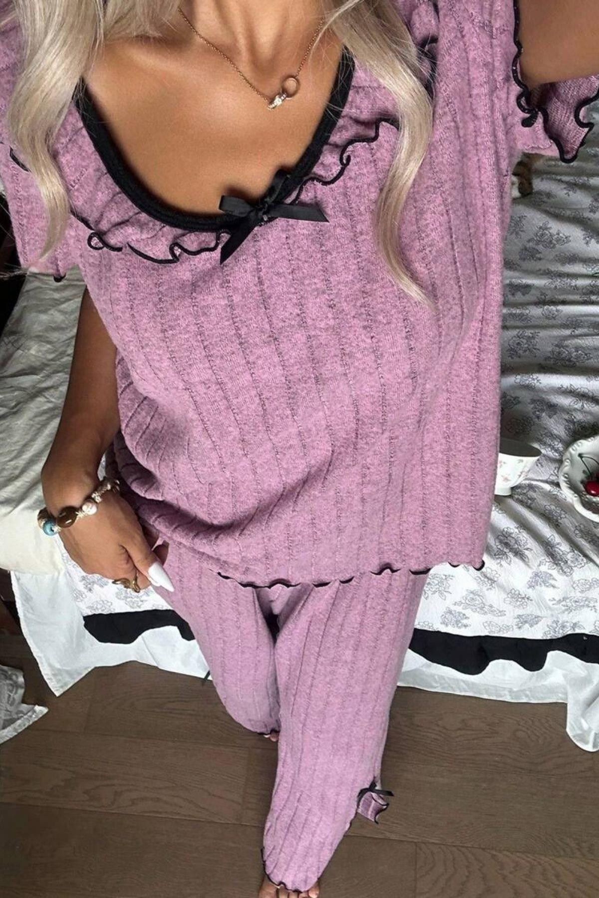 Volanlı Kenar Kadın Pijama Takımı Gül Kurusu