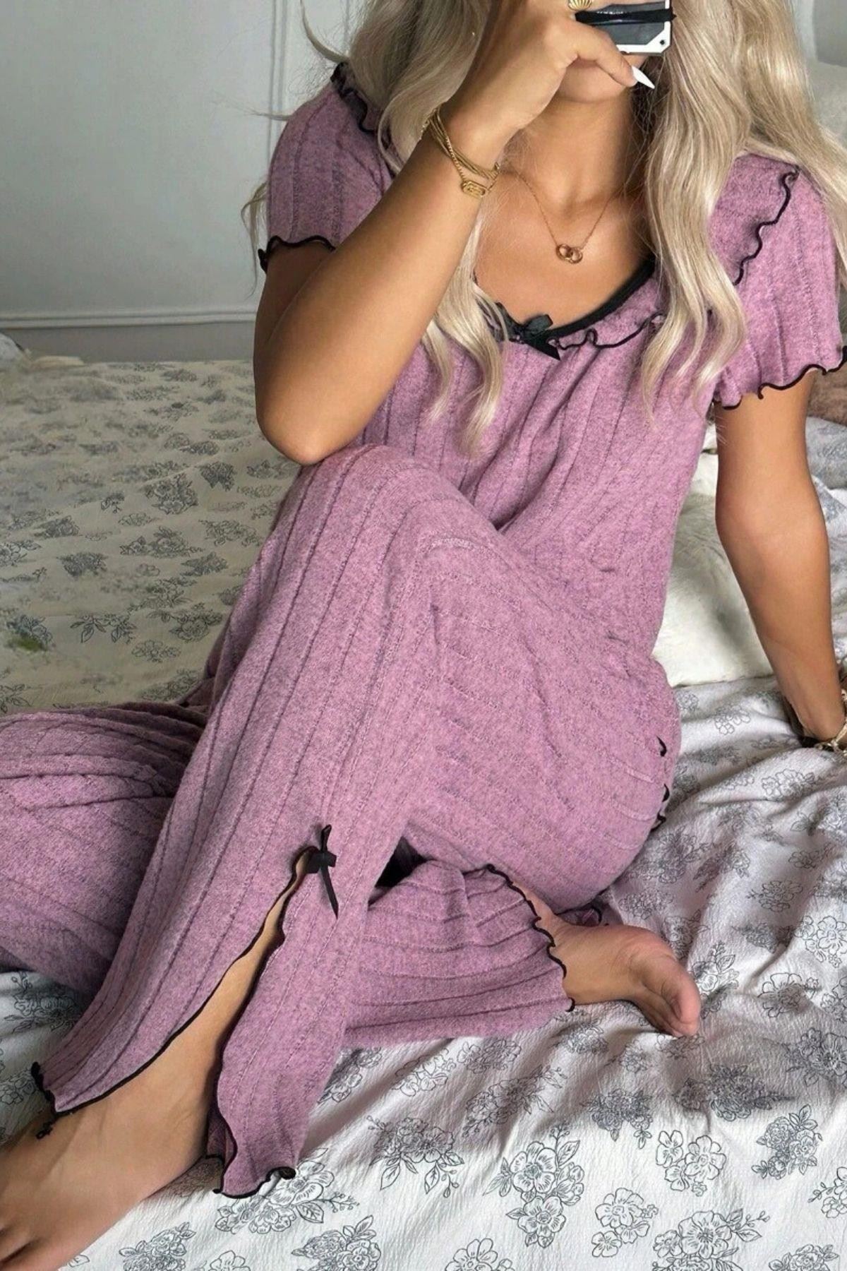 Volanlı Kenar Kadın Pijama Takımı Gül Kurusu