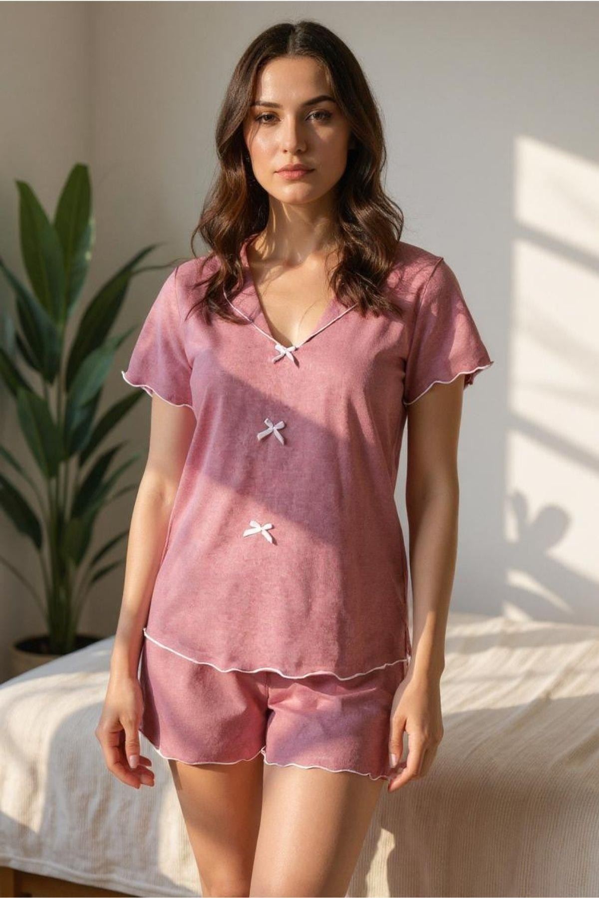 Pamuklu Şortlu Kadın Pijama Takımı Gül Kurusu
