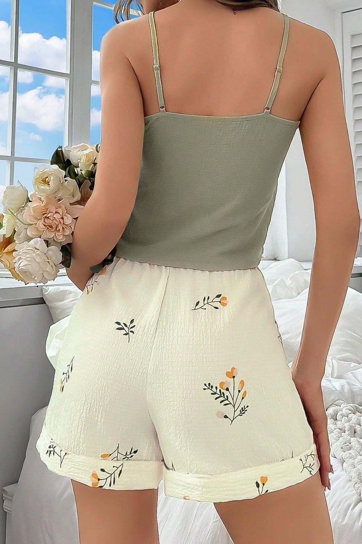 Çiçek Desenli Şortlu Yazlık Pijama Takımı Yeşil