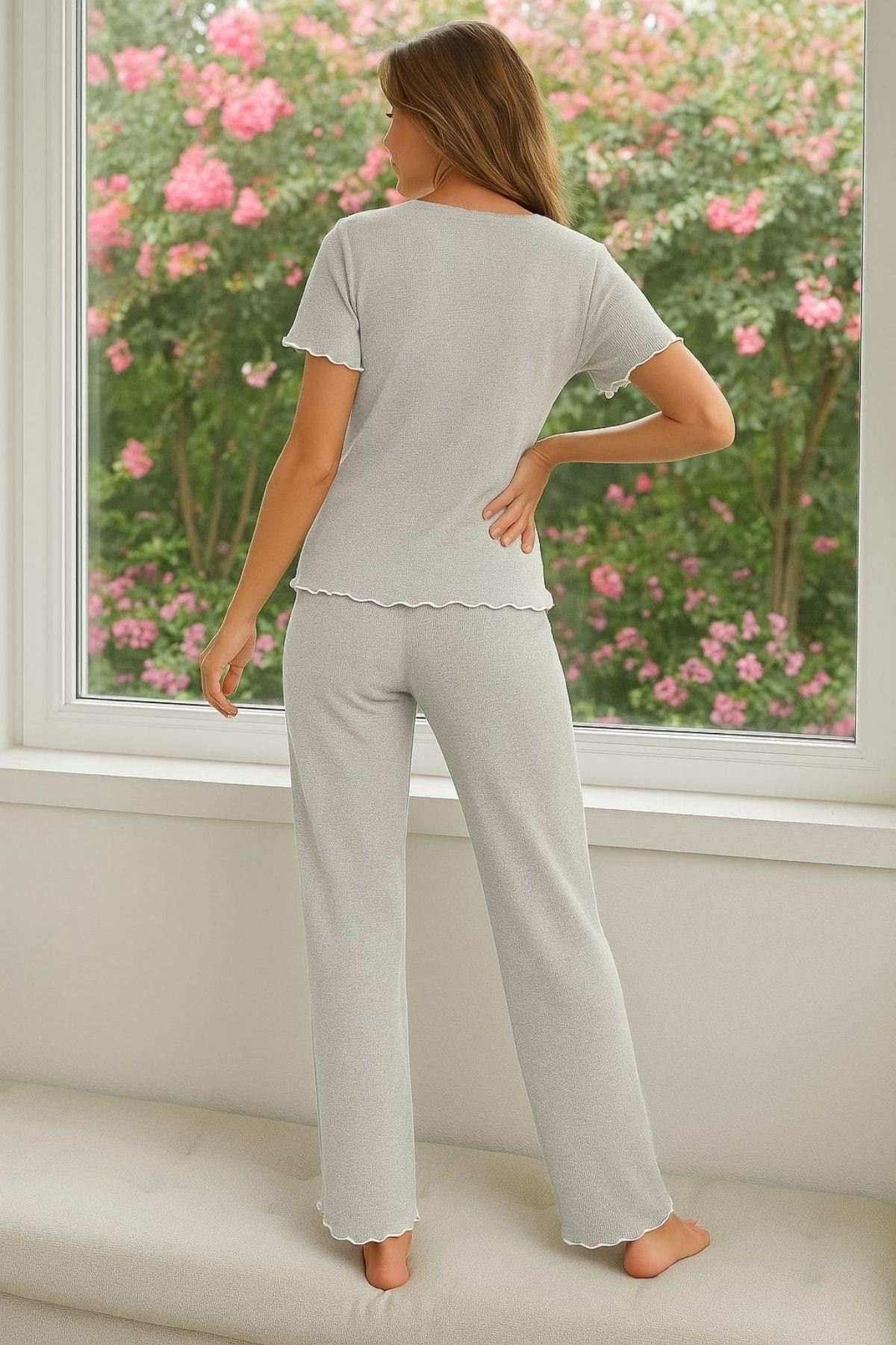 Fiyonk Detaylı Pamuklu Pijama Takımı Gri