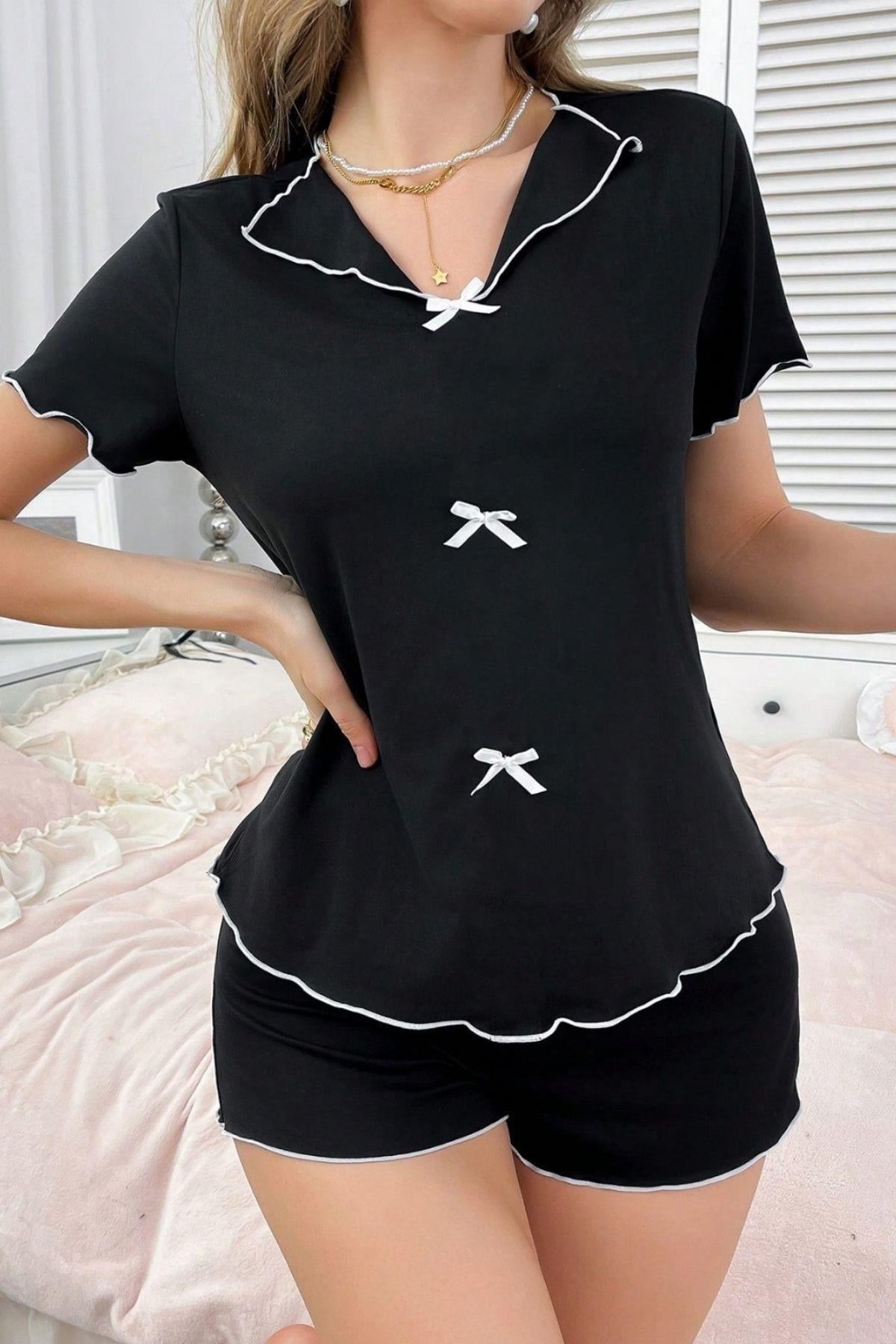 Kurdale Detaylı Şortlu Pijama Takımı Siyah