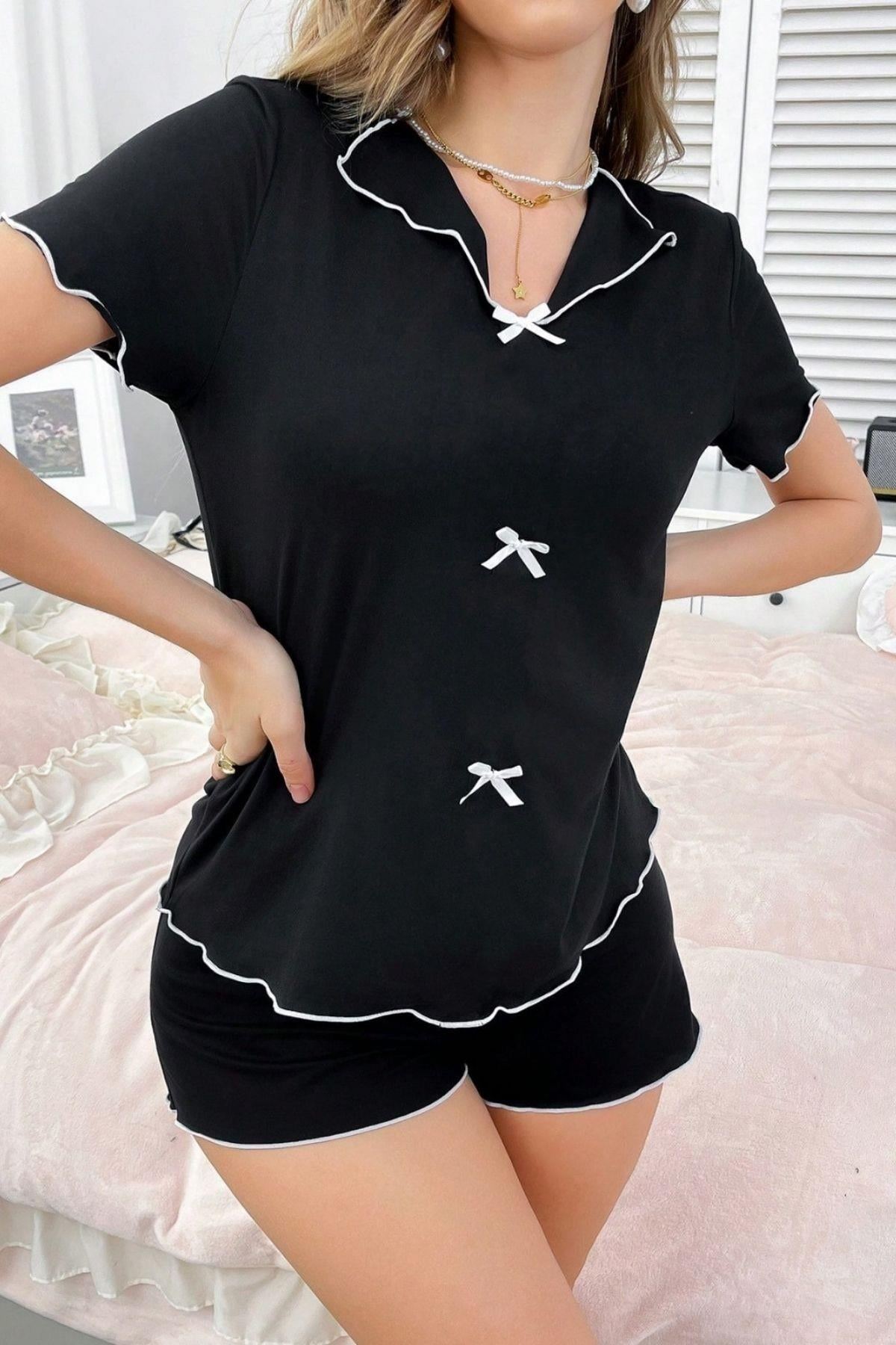 Kurdale Detaylı Şortlu Pijama Takımı Siyah