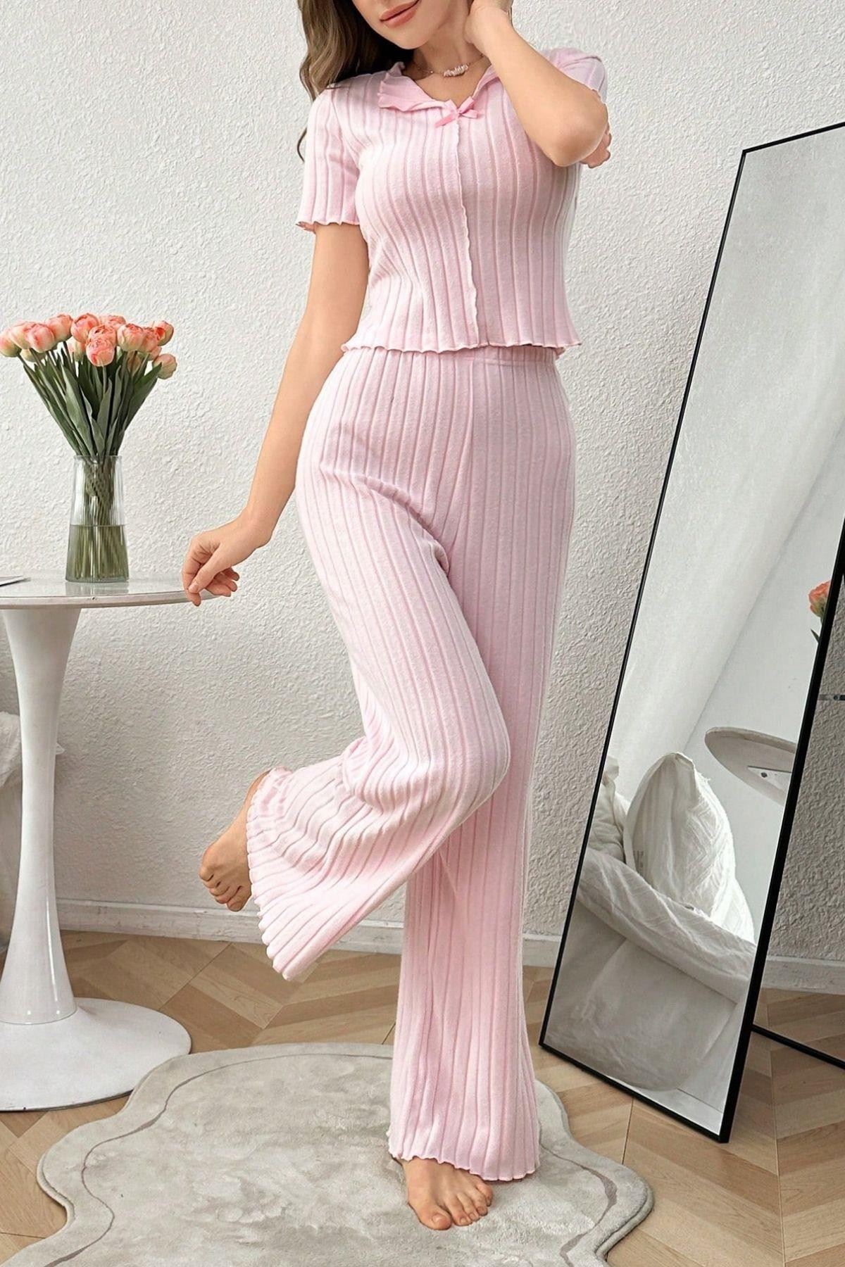 Fiyonk Detaylı Kısa Kollu Pijama Takımı Pembe