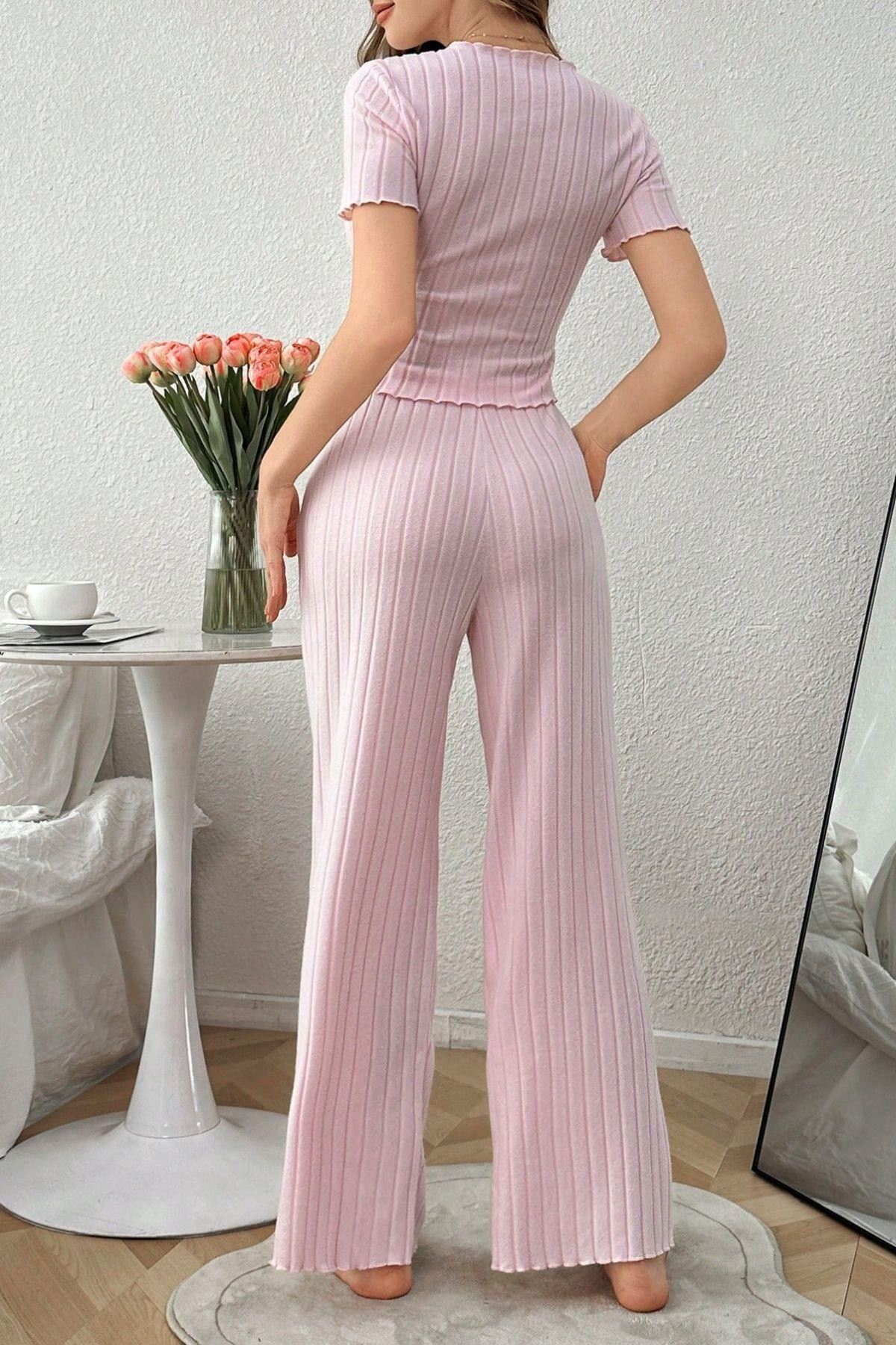 Fiyonk Detaylı Kısa Kollu Pijama Takımı Pembe