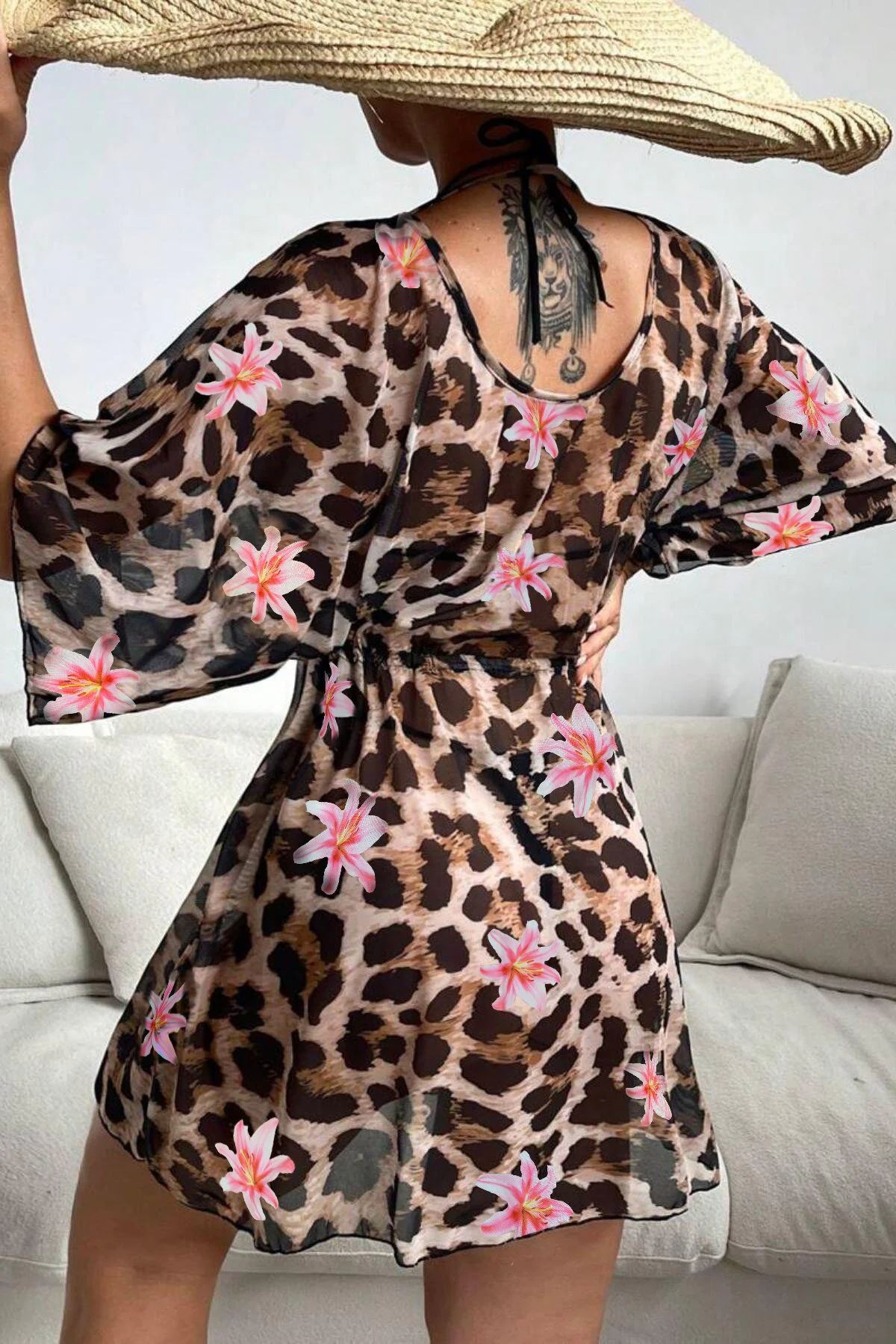 Leopar Baskılı Bağcık Detaylı Pareo Plaj Elbisesi