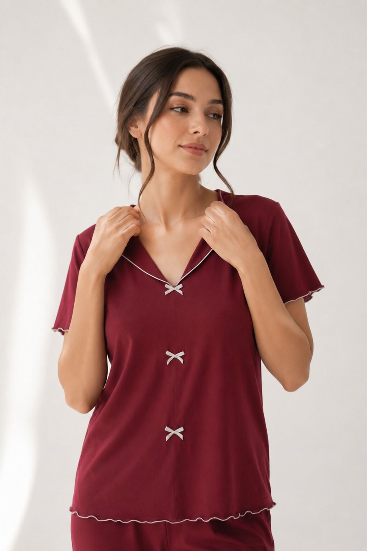 Fiyonk Detaylı Pamuklu Pijama Takımı Bordo