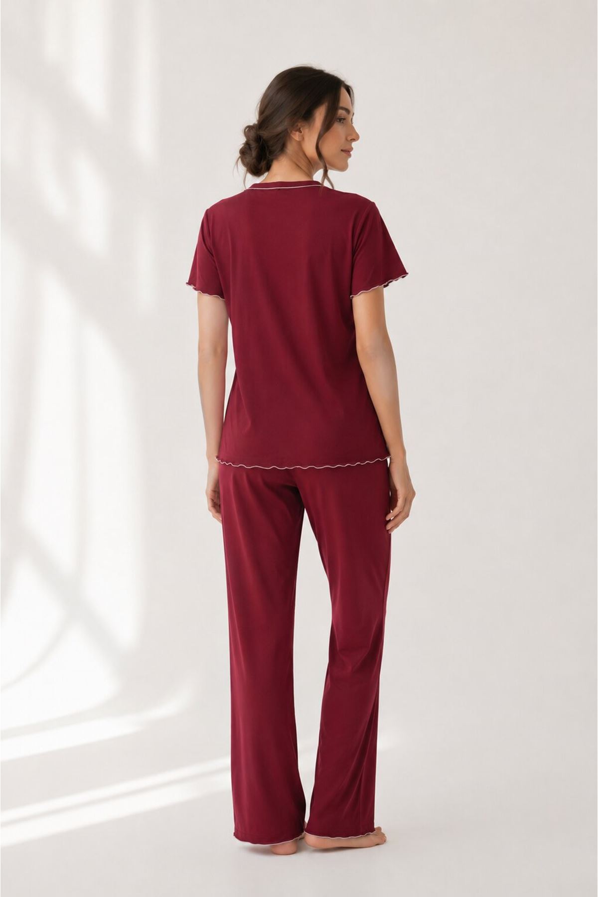 Fiyonk Detaylı Pamuklu Pijama Takımı Bordo