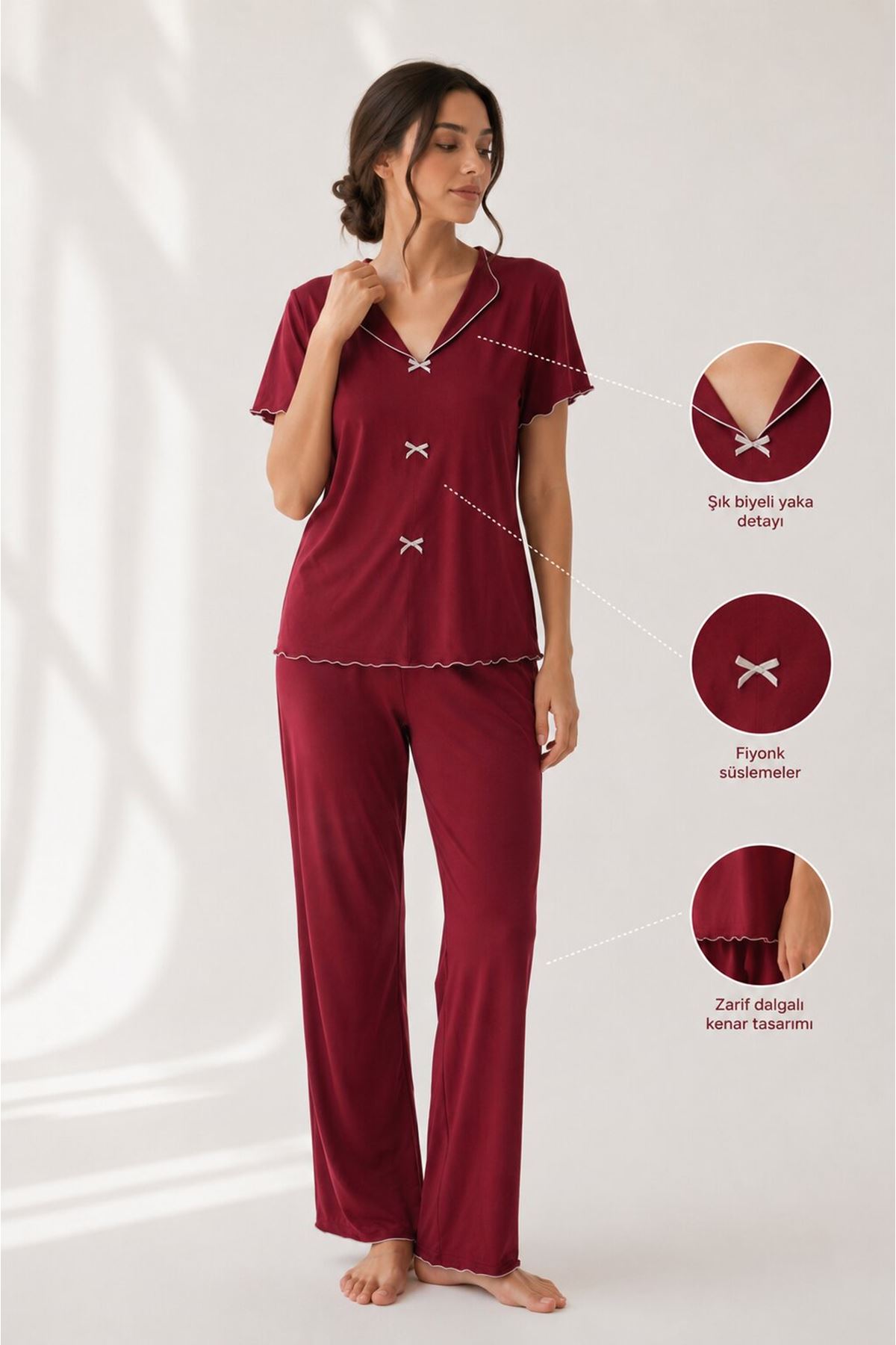 Fiyonk Detaylı Pamuklu Pijama Takımı Bordo