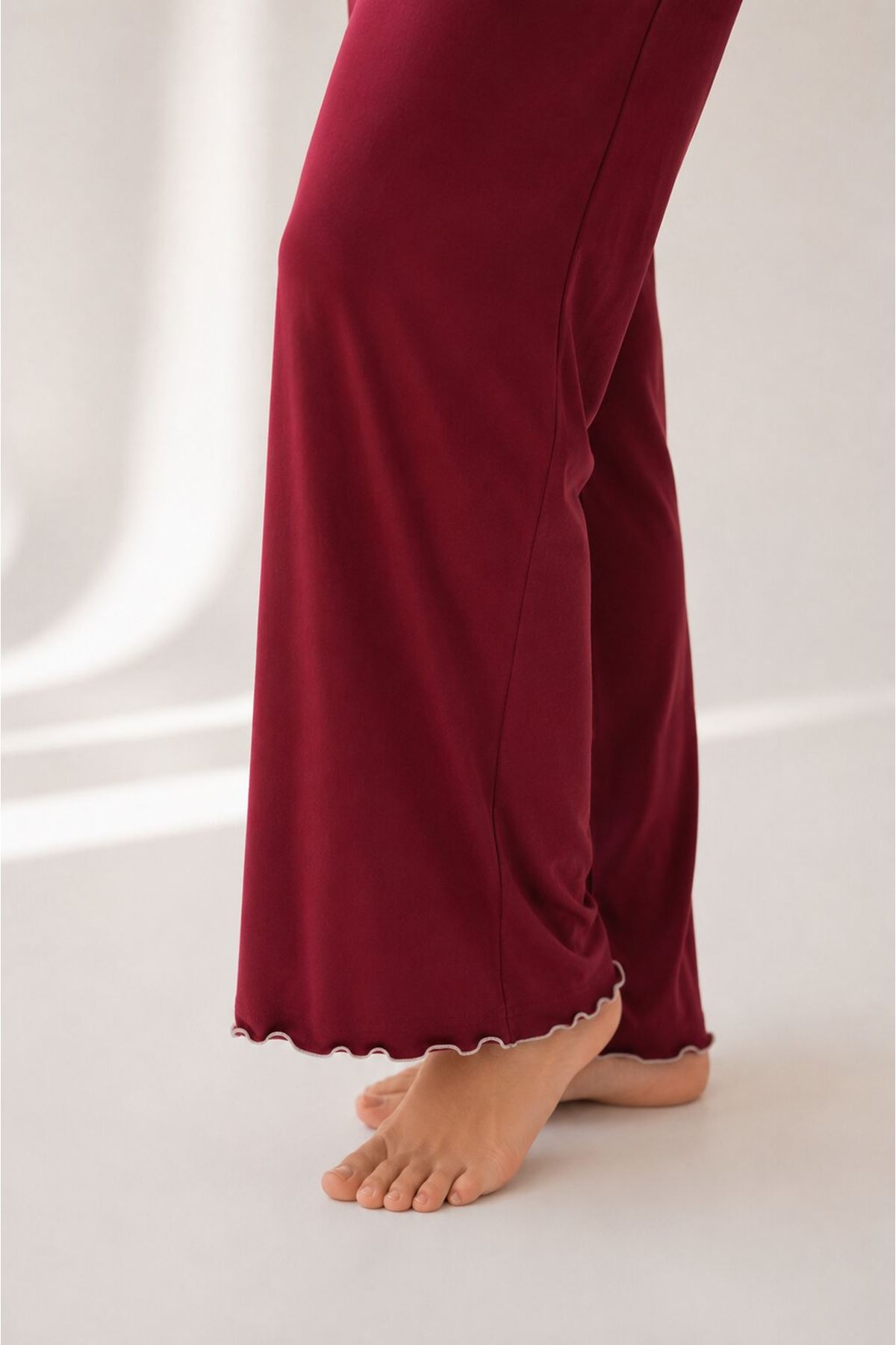 Fiyonk Detaylı Pamuklu Pijama Takımı Bordo