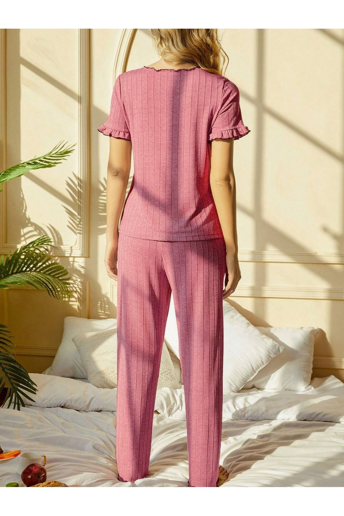 Kısa Kollu Pamuklu Pijama Takımı Gül Kurusu